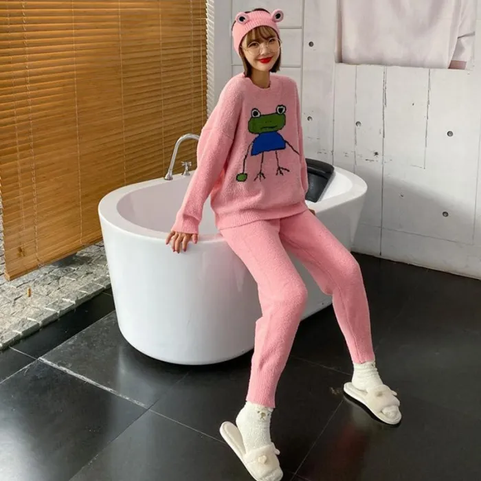 Frog Knitted Pajamas Set With Headband