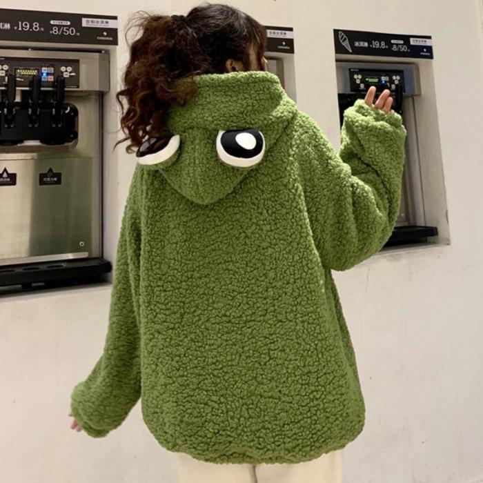 Frog Eyes Hooded Sweatshirt Zip-Up Plush Fleece Oversize Hoodie Thicken Keep Warm Kawaii Outwear Top