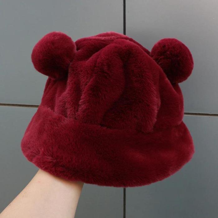 Plush Printed Fluffy Bear Ear Bucket Hats