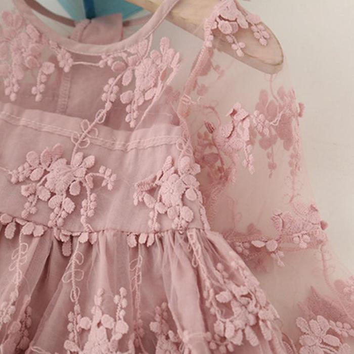 3-8 Years Autumn Kids Pink Long Sleeve Flower Girls Lace Dress