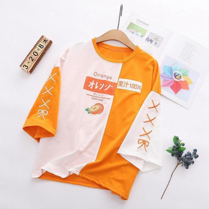 Japanese Orange Letter Print Color Block T-Shirt