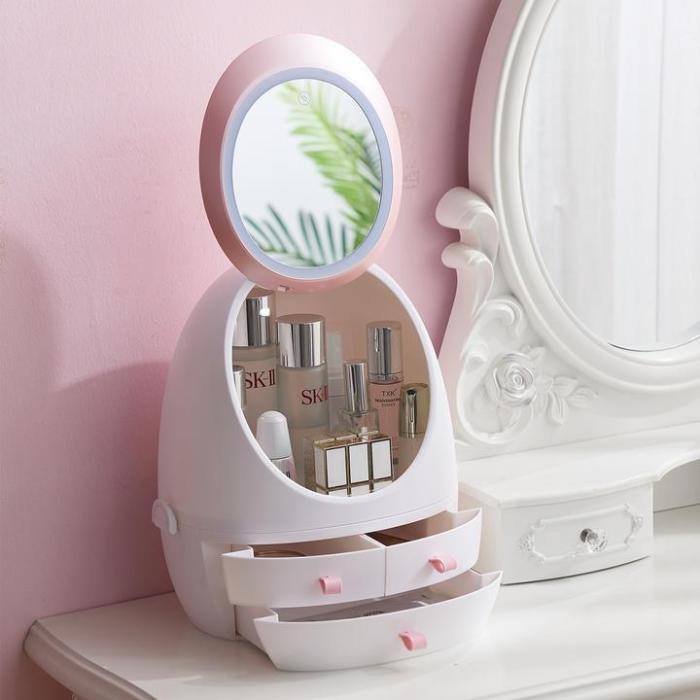 Led Hd Mirror Makeup Storage Box Cosmetic Organizer Case