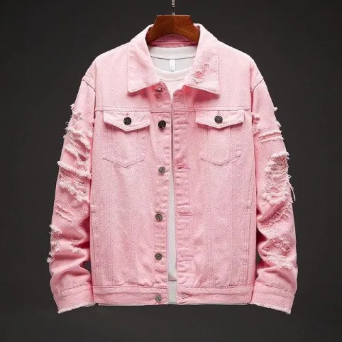 Men Denim Jacket Loose Scratched Hole Streetwear Jacket