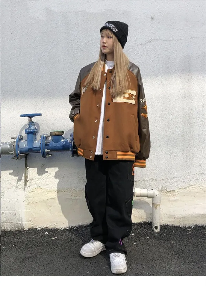 Stitching Baseball Uniform American Loose Jean Jacket Denim Coat
