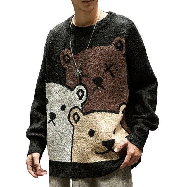 Cartoon Bear Sweater Men Winter Men Clothing Fashional Long Sleeve Knitted Pullover Sweater Oversized   Cotton Coat