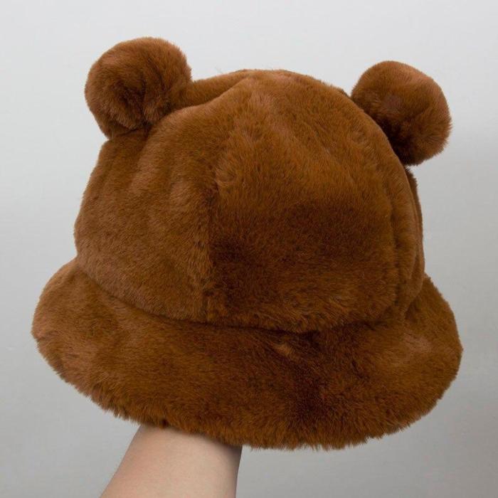 Plush Printed Fluffy Bear Ear Bucket Hats