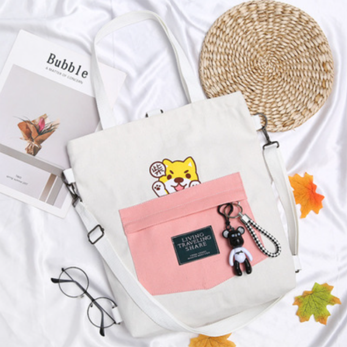 Living Traveling Share Letter Print Japanese Kawaii Dog Canvas Backpack
