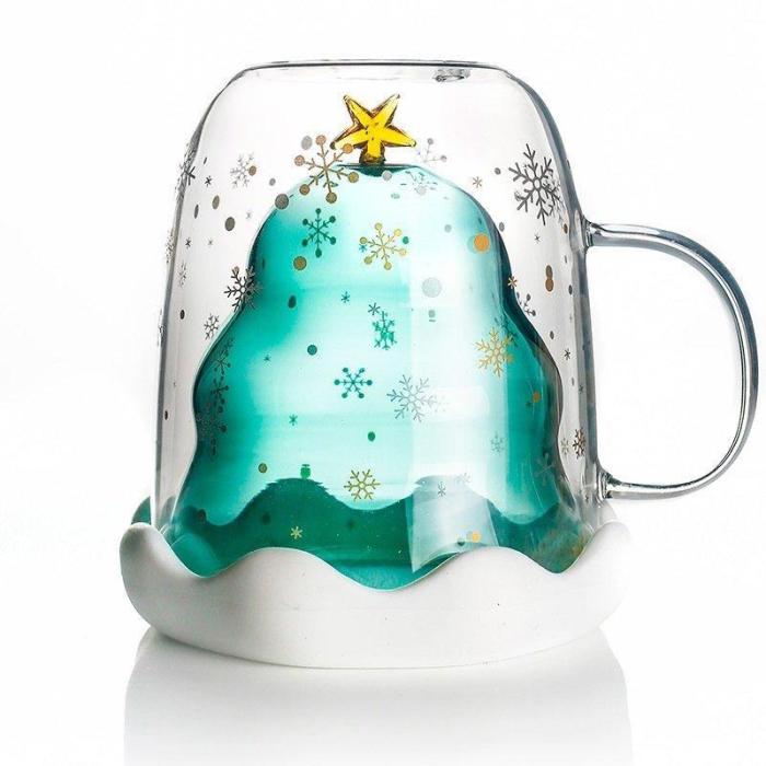 Christmas Tree Double Layer Glass Cup Thermally Insulated Cup Coffee Cup With Lid