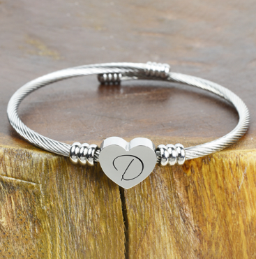 Solid Stainless-Steel Heart Initial Cable Bangle - All Letters