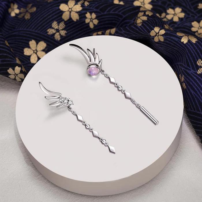 Dangling Crystal Angel Wing Earrings In Sterling Silver