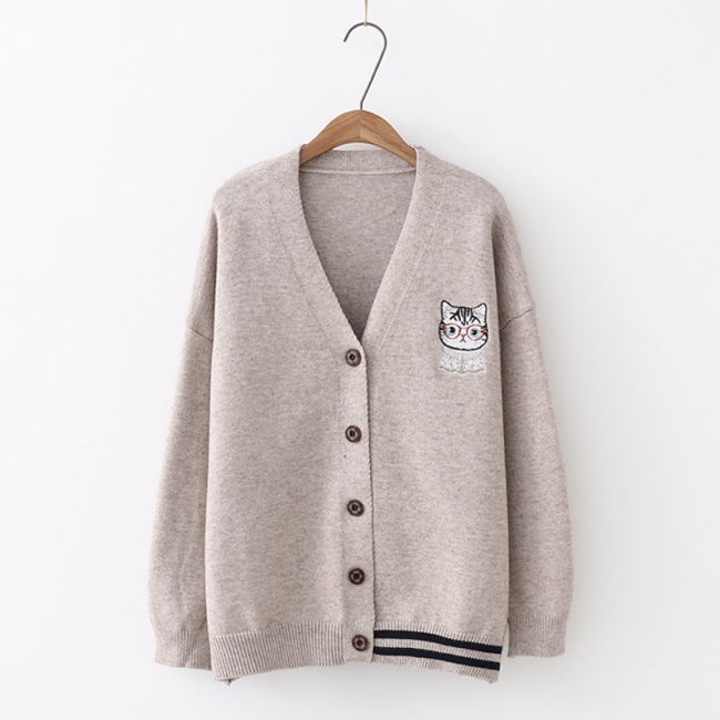 Cat Embroidery Cardigan Sweater