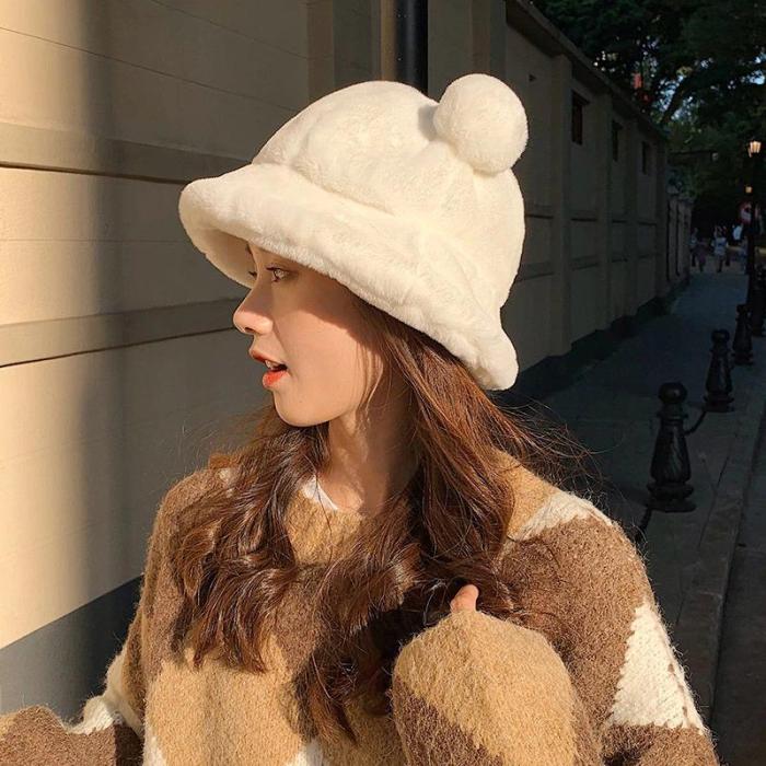 Plush Printed Fluffy Bear Ear Bucket Hats