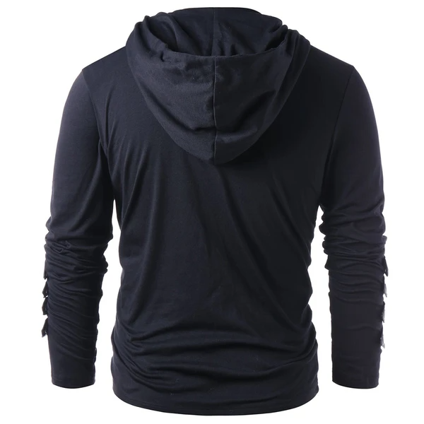 Men Gothic Steampunk Hoodie With Leather Straps Long Sleeve Lace Up Hooded Pullover Sweatshirt