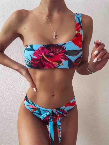 Women'S Sexy Swimwear Floral Print One Shoulder Bikini Set
