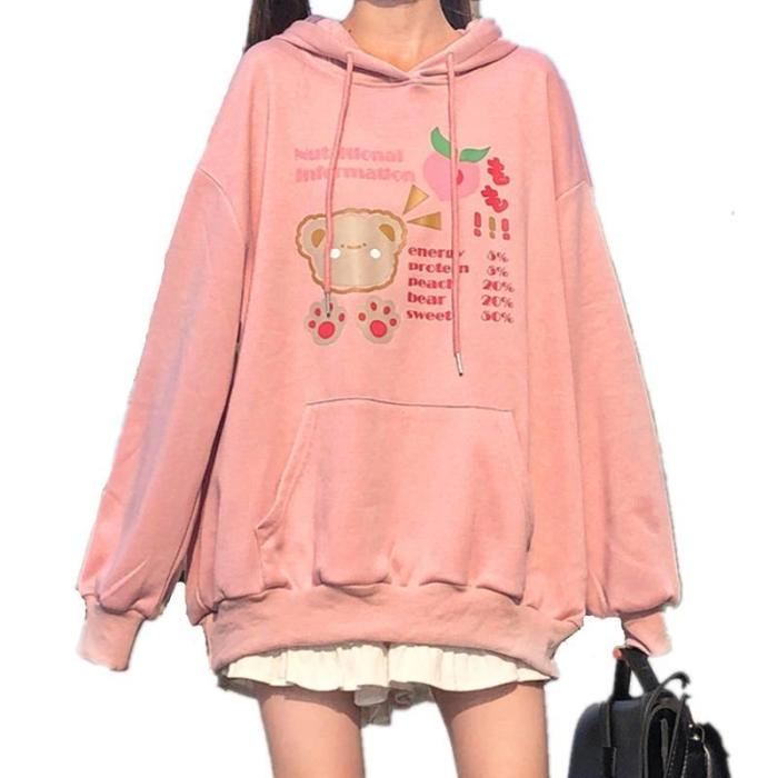 Lolita Mori Girl Harajuku Hoodie With Long Rabbit Ear Cap Cute Bear Print Thin Sweatshirt Pullover