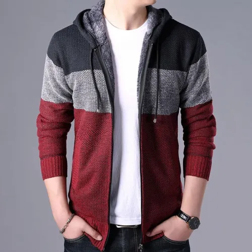 Autumn Winter Men Hoodies Cardigan Striped Knitted Sweater