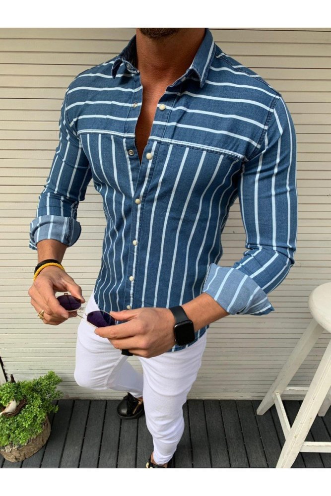 Mens Stripe Print Long Sleeve Casual Shirts
