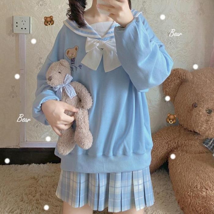 Harajuku Cute Lolita Kawaii Bear Print Sweatshirt Teen Girls Sailor Collar Jk Bowknot Tie Pullover Top Hoodie