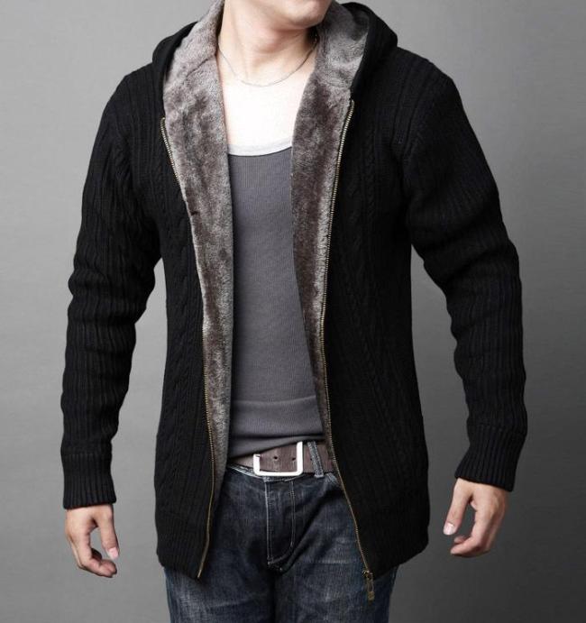 Mens Cardigans Sweaters Casual Hooded Warm Thicken Fur Lining Hombre Knitwear