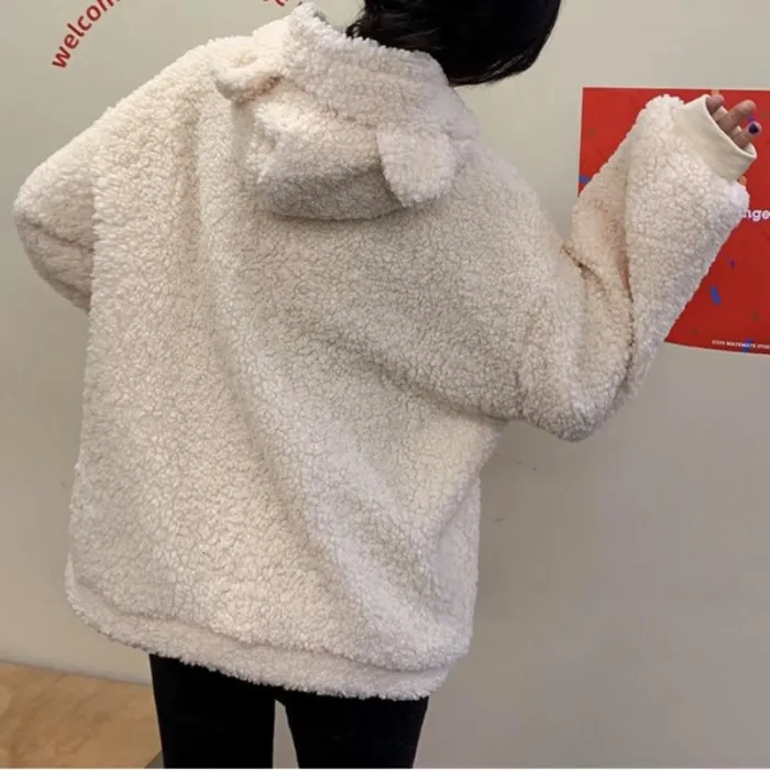 Avocado Color Zip-Up Sweatshirt Kawaii Fleece Faux Fur Long Sleeve Hooded Teddy Bear Ears Soft Hoodie