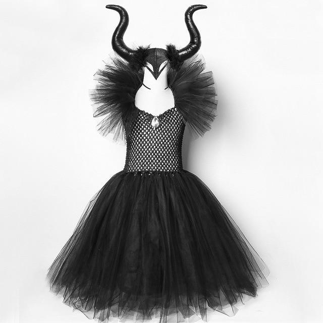 Solid Black Maleficent Halloween Costumes Kids Girls Tutu Dress Ankel Length Dresses Devil Costume Cosplay Outfits Horns Wings