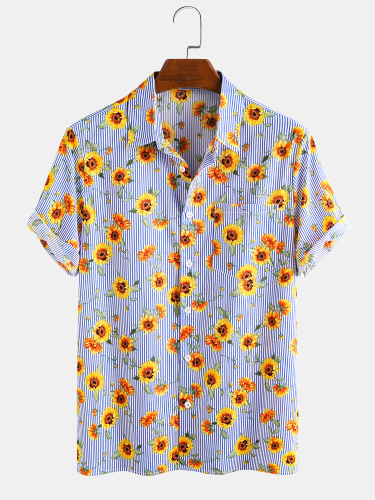 Men 100% Cotton Sunflower Printed Striped Casual Lapel Short Sleeve Shirt