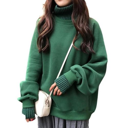 Office Lady Patchwork Knit Casual Fake Two Pieces Sweatshirt Loose Thick Keep Warm Turtleneck Hoodie Plus Velvet