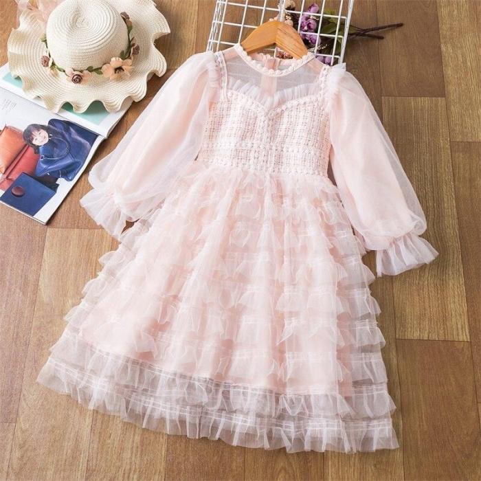 Long Sleeve Girls Lace Cake Princess Dress For Kids