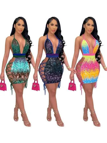 Sexy Sequin Halter Backless Dress Womens Contrast Color Club Dresses