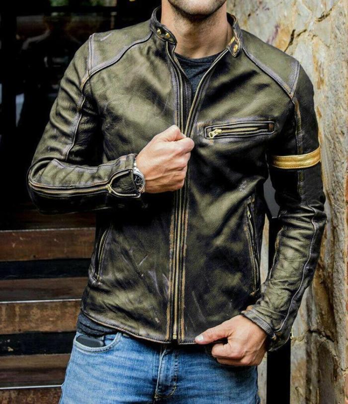 Men'S Leather Jacket Stand-Up Collar Leather Jacket