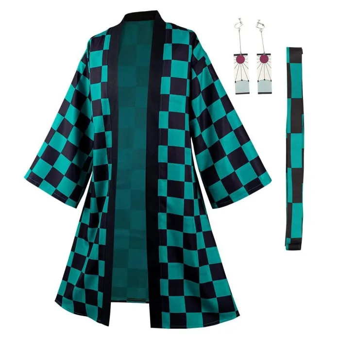 Demon Slayer Kamado Tanjirou Halloween Carnival Suit With Earrings Belt Cosplay Costume