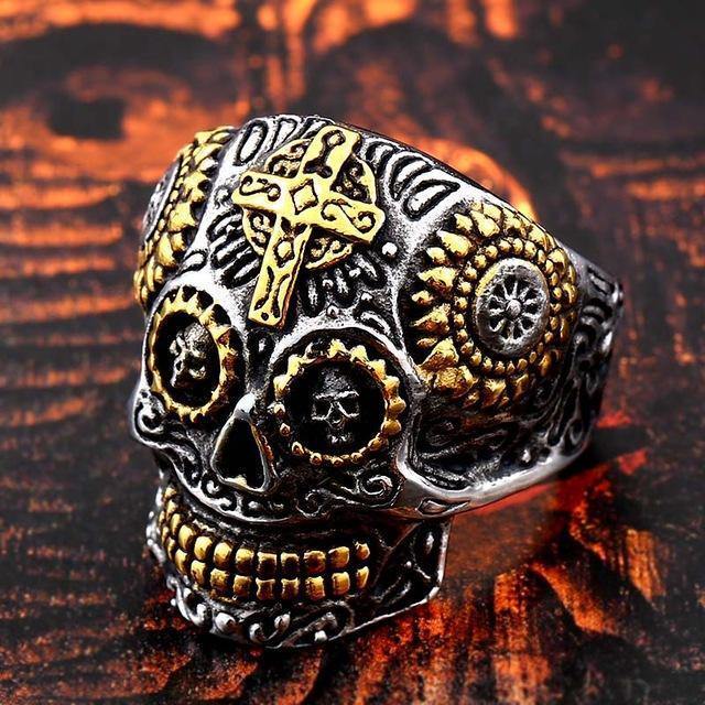 Carved Gothic Biker Skull Ring