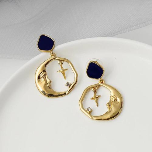 Vintage Round Moon And Star Drop Earrings