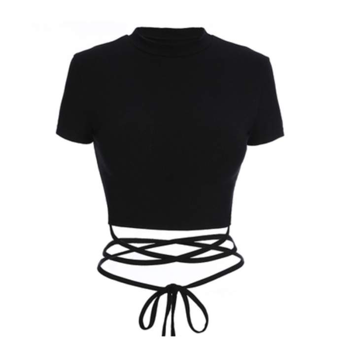 Sexy Lace Up T-Shirt Short Top Black