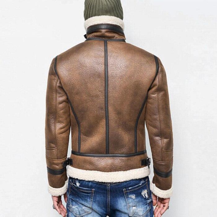 Men Leather Jacket Warm Fur Liner Lapel Zipper Outwear Coat