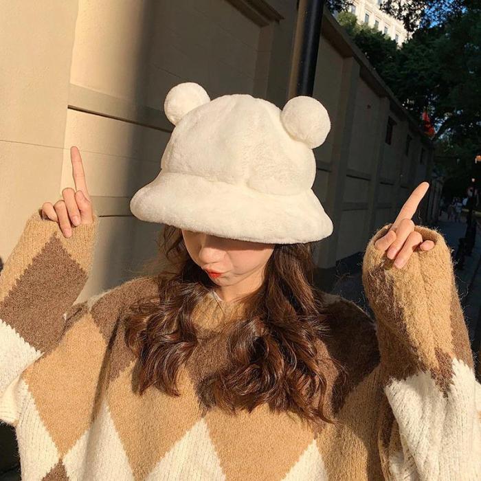 Plush Printed Fluffy Bear Ear Bucket Hats