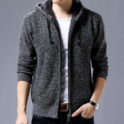 Men Fashion Casual Zipper Solid Hooded Knitted Sweater