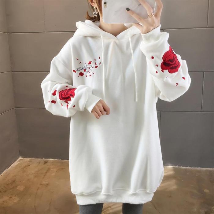 High Quality Thicken Hoodie Crane Rose Embroidered Sweatshirt Oversize Warm Long Pullover Outwear