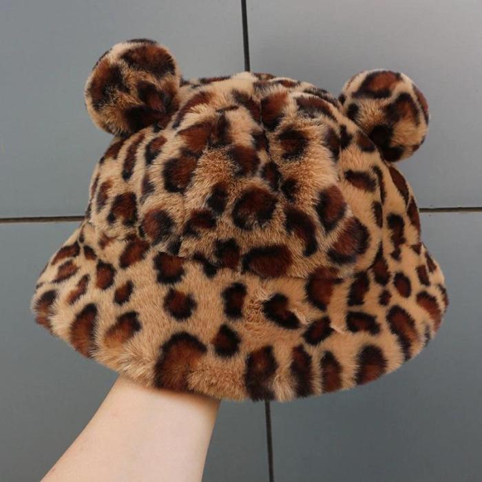 Plush Printed Fluffy Bear Ear Bucket Hats