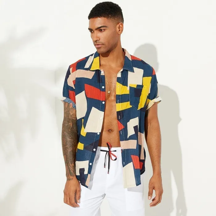 Men'S Floral Colorblock Short Sleeve Casual Lapel Beach-10