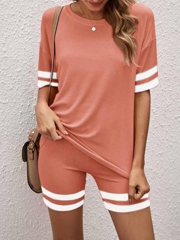 Crew Neck Striped T Shirt Biker Shorts Two Piece Outfits For Women