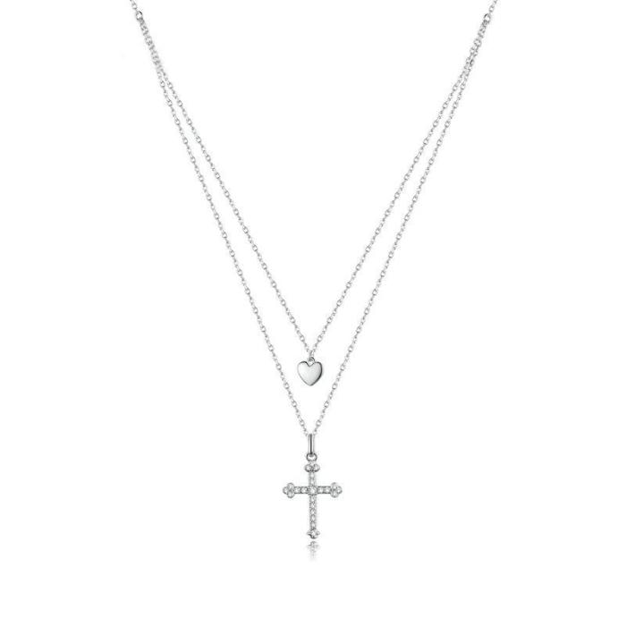 Religious Cross With Heart Rhinestone Pendant Necklace