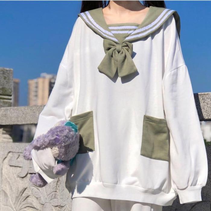 Japanese Lolita Style Cute Bowknot Sweatshirts Rabbit Long Ears Sailor Collar Hoodie Oversize Loose Pullovers Top