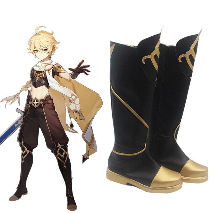 Genshin Impact Male Traveler Outlander Aether Black Shoes Cosplay Boots