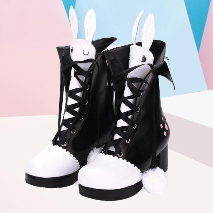 Bunny Ears Lace-Up Fuzzy Ball Collar High Heel Lolita Boots