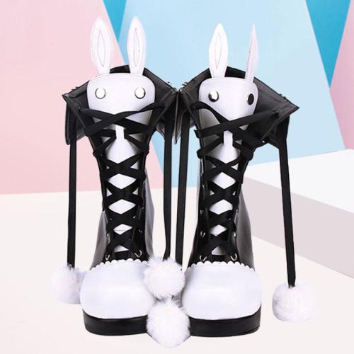 Bunny Ears Lace-Up Fuzzy Ball Collar High Heel Lolita Boots