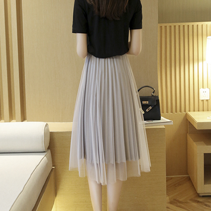 Pure Color Mesh Pleated Skirt