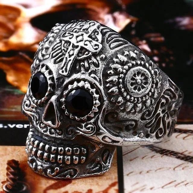 Carved Gothic Biker Skull Ring
