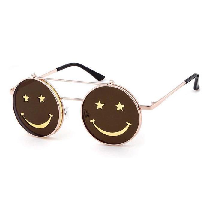 Happy Face Flip Up Round Steampunk Sunglasses