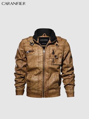 Caranfier Mens Motorcycle  Leather Jackets Stand Collar